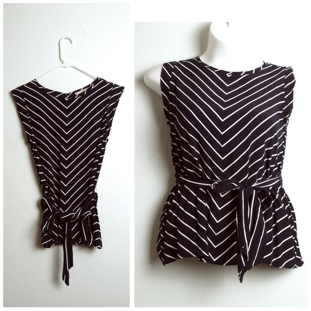 Loft Size M Chevron Top Blouse Navy & White Chevron Belted Waist Dressy